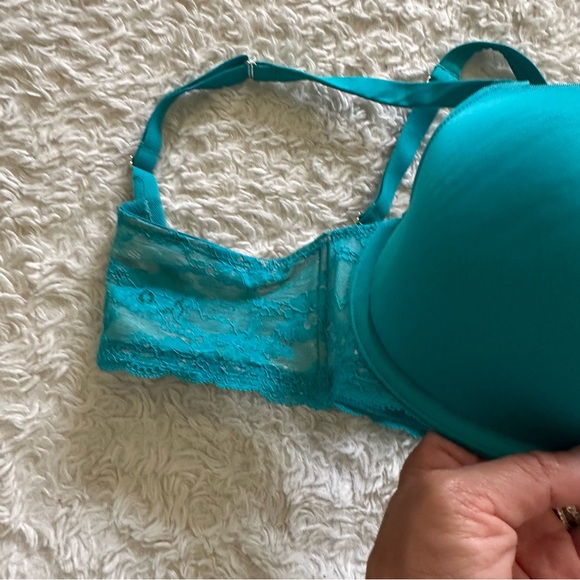 Cacique Quarterly Lace Plunge Bra 42C Underwire Padded Adjustable Strap Teal - Picture 4 of 8